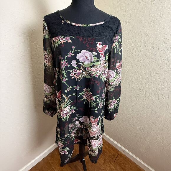 Fire Los Angeles Sheer Black Floral Bird Boho Long Sleeve Mini Dress Size 11 - Picture 1 of 8